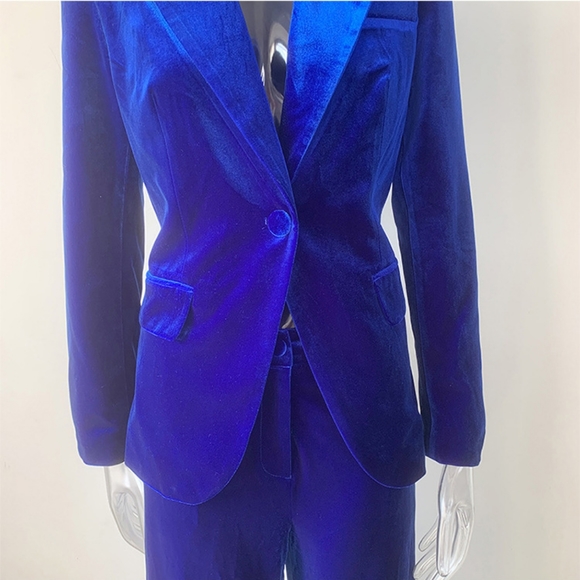 Blue NWT UNBRANDED Velvet Blazer And Wide Leg Pant Matching Set - Picture 12 of 16
